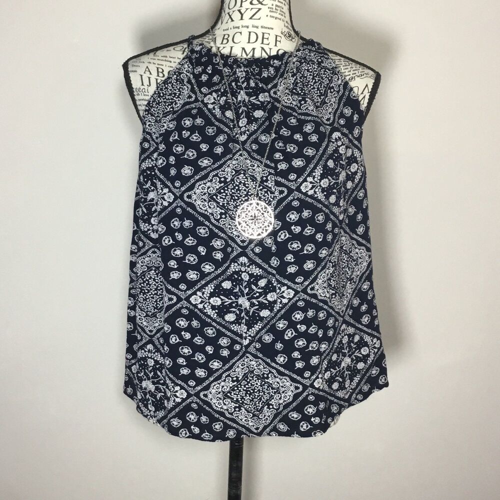 Navy blue white sleeveless blouse coastal Cowgirl tank floaty beachy summer S